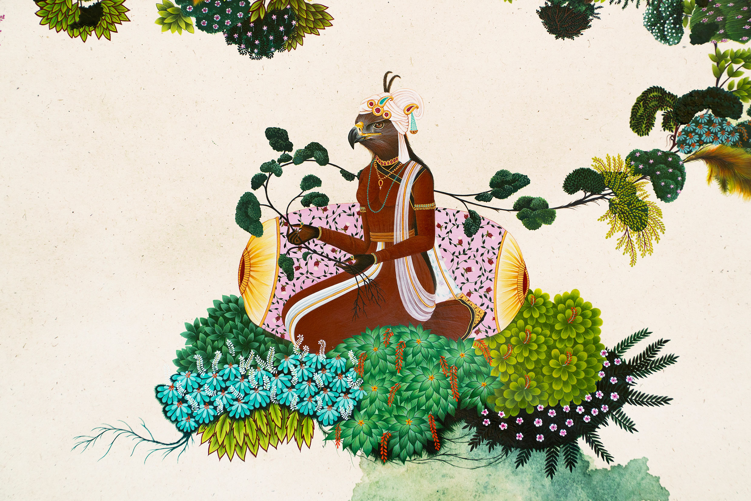 In this painting, a Chthonic Being emerges in symbiosis with the Steppe Eagle—an endangered raptor whose migratory presence ties together vast and threatened habitats. Seated atop a floating orb of leaves and undergrowth, she hovers above a dense green thicket, as if suspended between land and ether. Held in her hands is a massive tree with branches like thread. This tree is made not of a single trunk, but of many smaller trees intertwined, suggesting communal strength and interdependence of trees. Fourteen Steppe Eagles perch on the limbs of the tree. Their weight is bending the tree into an umbrella-like canopy over the Chthonic Being. Together they are forming a gathering space—a convocation in progress. The Chthonic Being herself sits poised in a posture of dialogue, evoking the image of a mediator or advocate preparing to speak on behalf of the birds she represents. The work imagines a speculative council in which eagles gather as beings demanding presence, rights, and recognition. Rooted in the Chthonic Beings series, this painting expands the idea of multispecies governance. It portrays an alternative reality where mythic figures serve as ecological diplomats, holding space for non- human voices to convene, negotiate, and be heard.