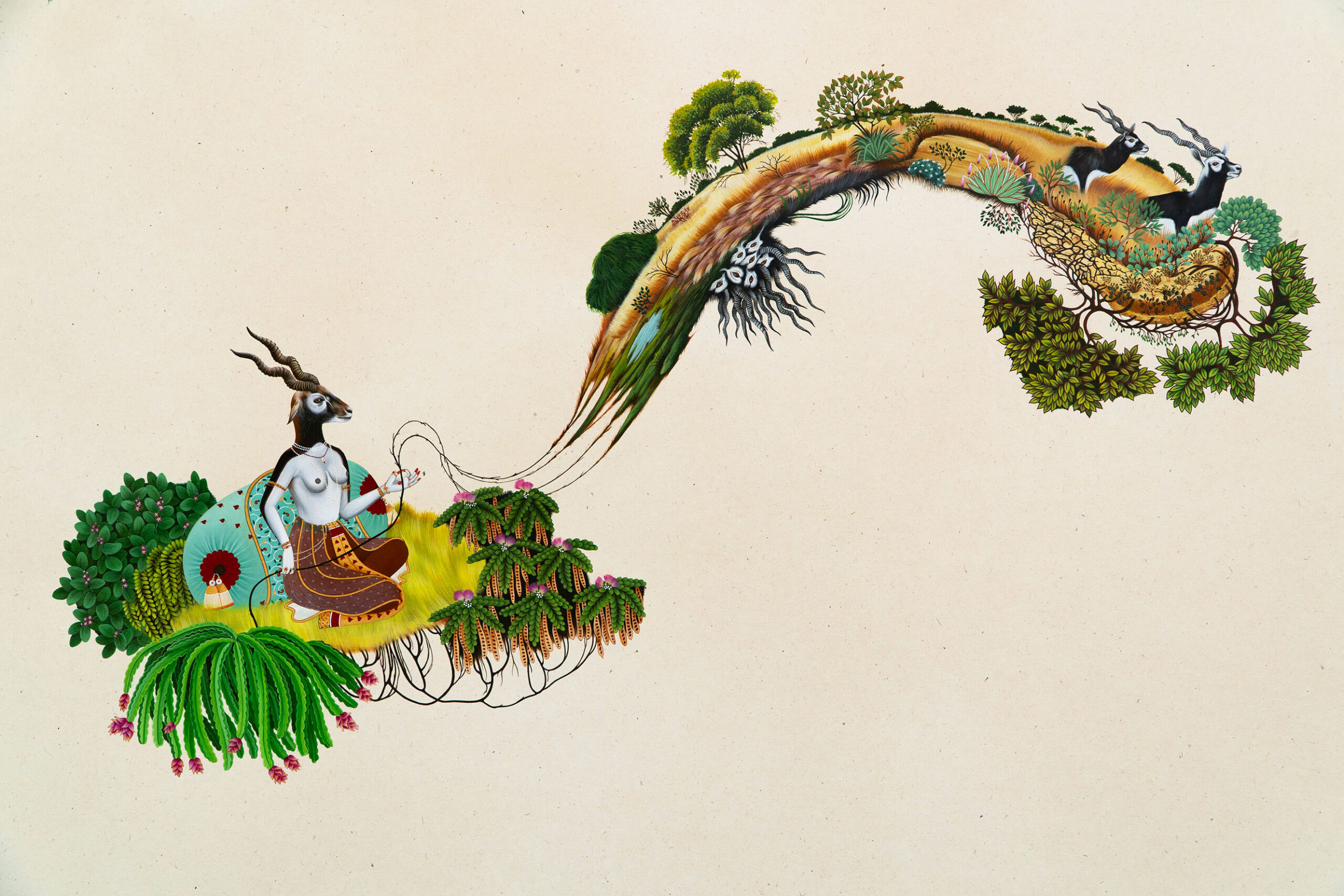 In this painting, a Chthonic Being emerges through the hybrid form of a Yogini embodying the spirit of the endangered blackbuck - a graceful and endangered antelope, embodying both vulnerability and strength. She rides a chariot not made of metal or stone, but of living plants, which takes reference from calotropis gigantea(akk in hindi), dragonfruit vines, acacia, and wild grasses. These are plants rooted in resilience, survival, and connection to arid landscapes. Held in her hands are the exposed roots of a vast and fragile ecosystem. From these roots unfold scenes of cracked desert soil, a blackbuck pair, a waterbody, grasslands, mangrove trees and acacia trees amongst others—echoing the diverse and fragile ecologies of Kutch, one of the regions inhabited by Blackbucks. Rather than presiding over nature from above, this Chthonic Being carries the land with her, nurturing and protecting it as an extension of herself. This work reimagines myth as a living force for ecological justice. It challenges human-centered hierarchies and imagines a world where plants, animals, and landscapes are active participants in their own futures. The painting becomes a call to listen—to the roots, to the soil, and to the forgotten voices of the wild.