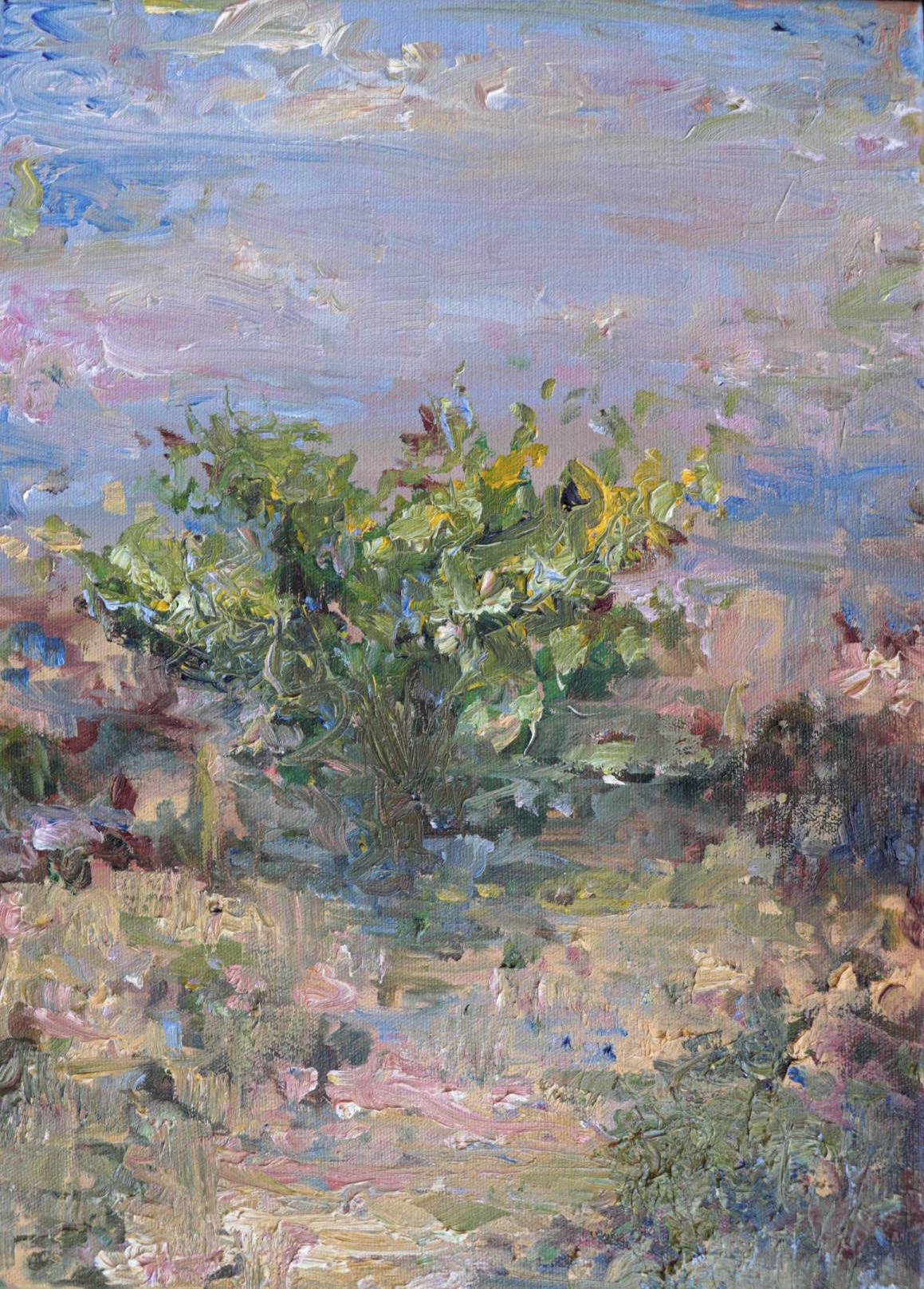 "Desert Beauty" is an impressionistic painting created with a palette knife, representing a desert scene inspired by the landscapes of Qatar. Thick, textured strokes impart a three-dimensional quality, capturing the resilient and diverse vegetation, with a central tree.