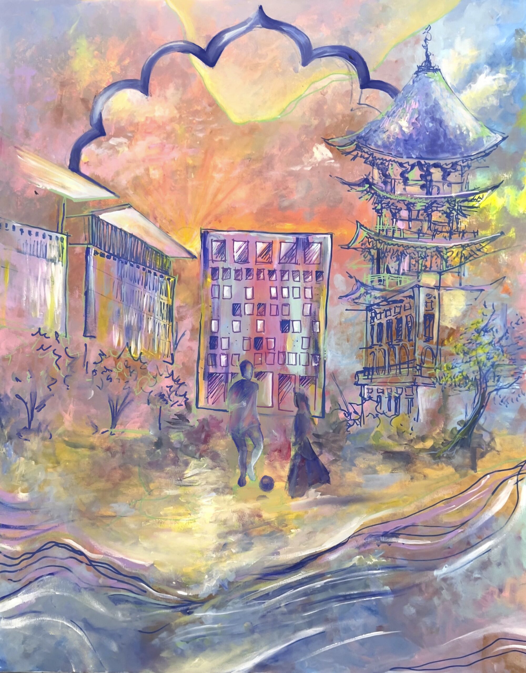 This piece captures the essence of interconnectedness between Msheireb, the heart of Qatar, the world, and particularly Asia. At its center, a girl and a man playing football reflect the spirit of the Asian Cup, symbolizing how sports bring people together. Contemporary Qatari architecture is combined with traditional elements. Details of a Chinese pagoda and a grand Mughal arch, serving as a symbolic window into cultural unity. The painting illustrates how diverse nations come together through shared experiences. Fluid water represents the natural connections that bind countries across borders, while the land anchors these relationships, highlighting deep-rooted ties formed through history, tradition, and events.