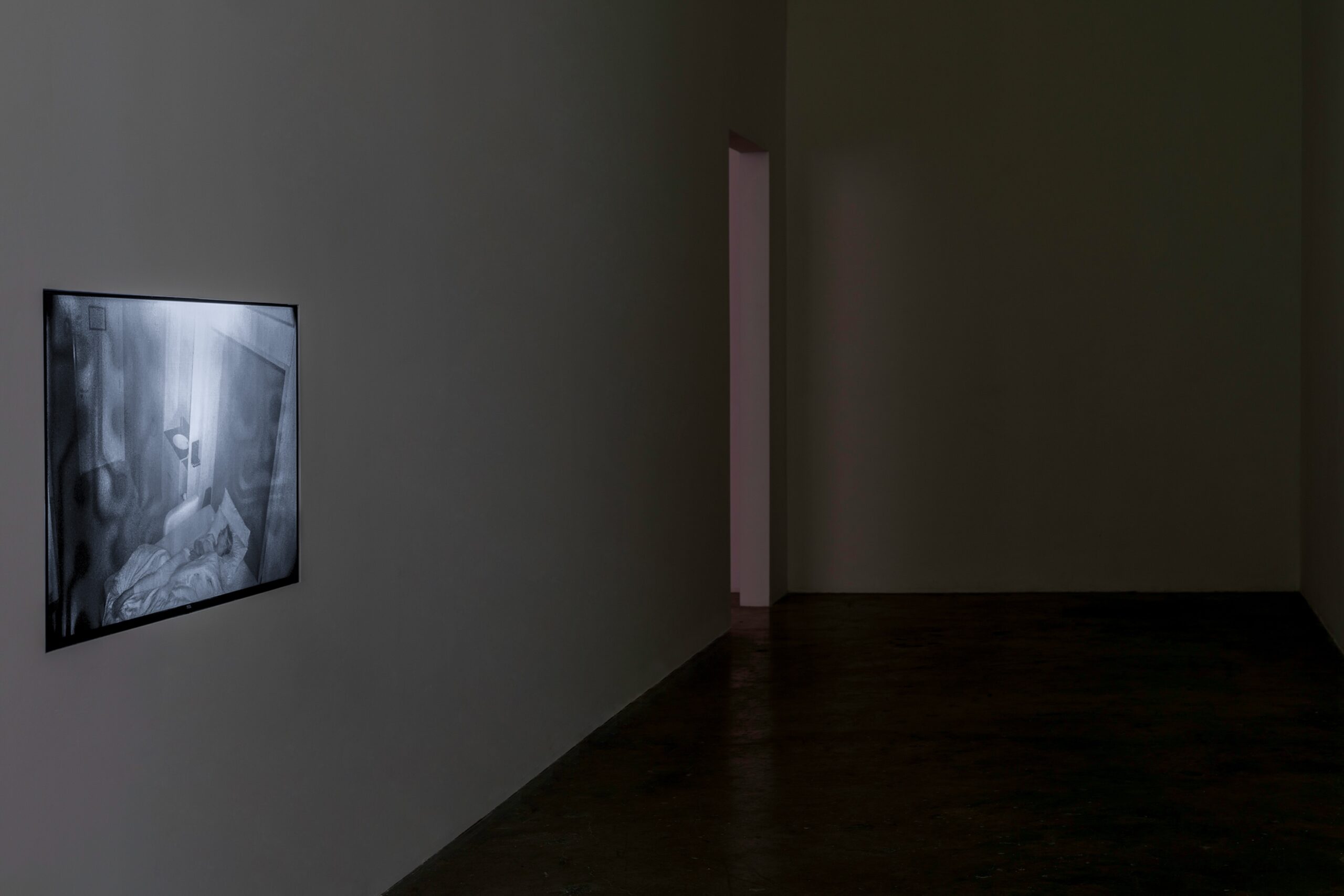 A LCD monitor is flush mounted into a plasterboard wall. The black and white video is grainy and resembles CCTV. The video is a high angle framing of a young woman asleep on a pull out Murphy bed in a small room in a contemporary building. The plasterboard wall creates a corridor in the space.