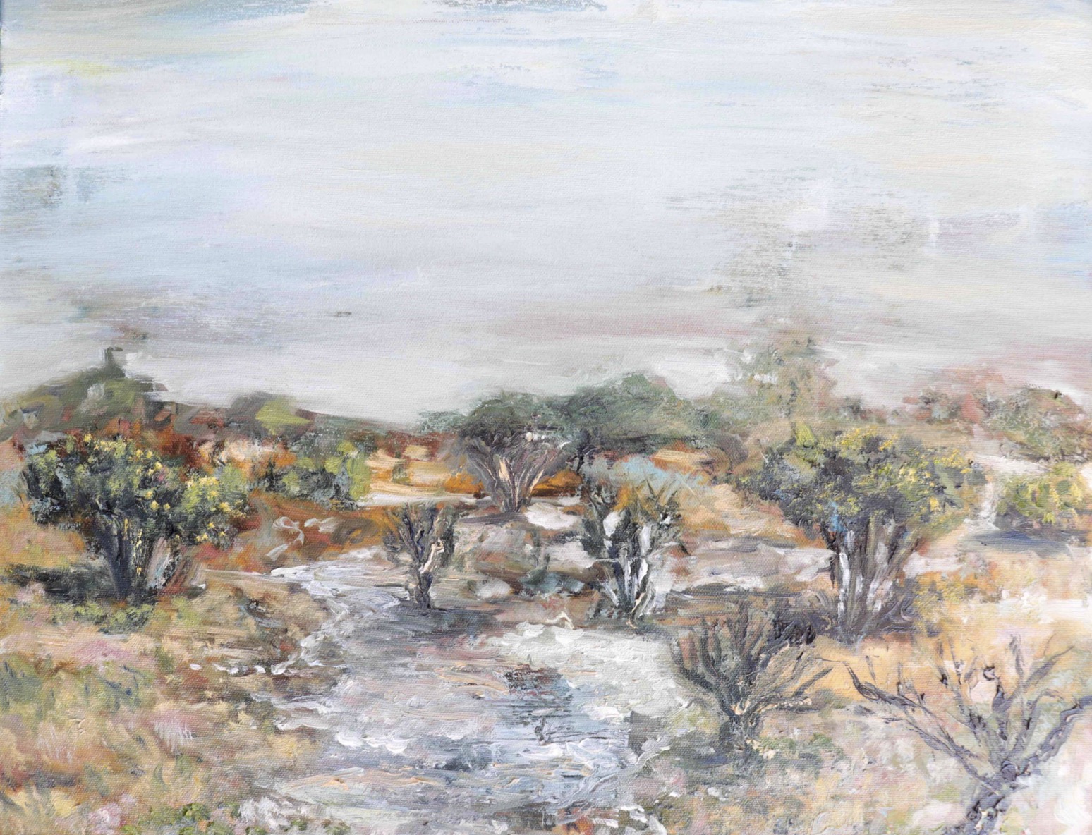 The painting depicts a tranquil desert scene of a soft sky and sparse vegetation in warm earth tones against gentle sands in Al-Ghuwayriah. The blended brushstrokes create a calm, dreamlike quality, capturing the quiet beauty of the desert.
