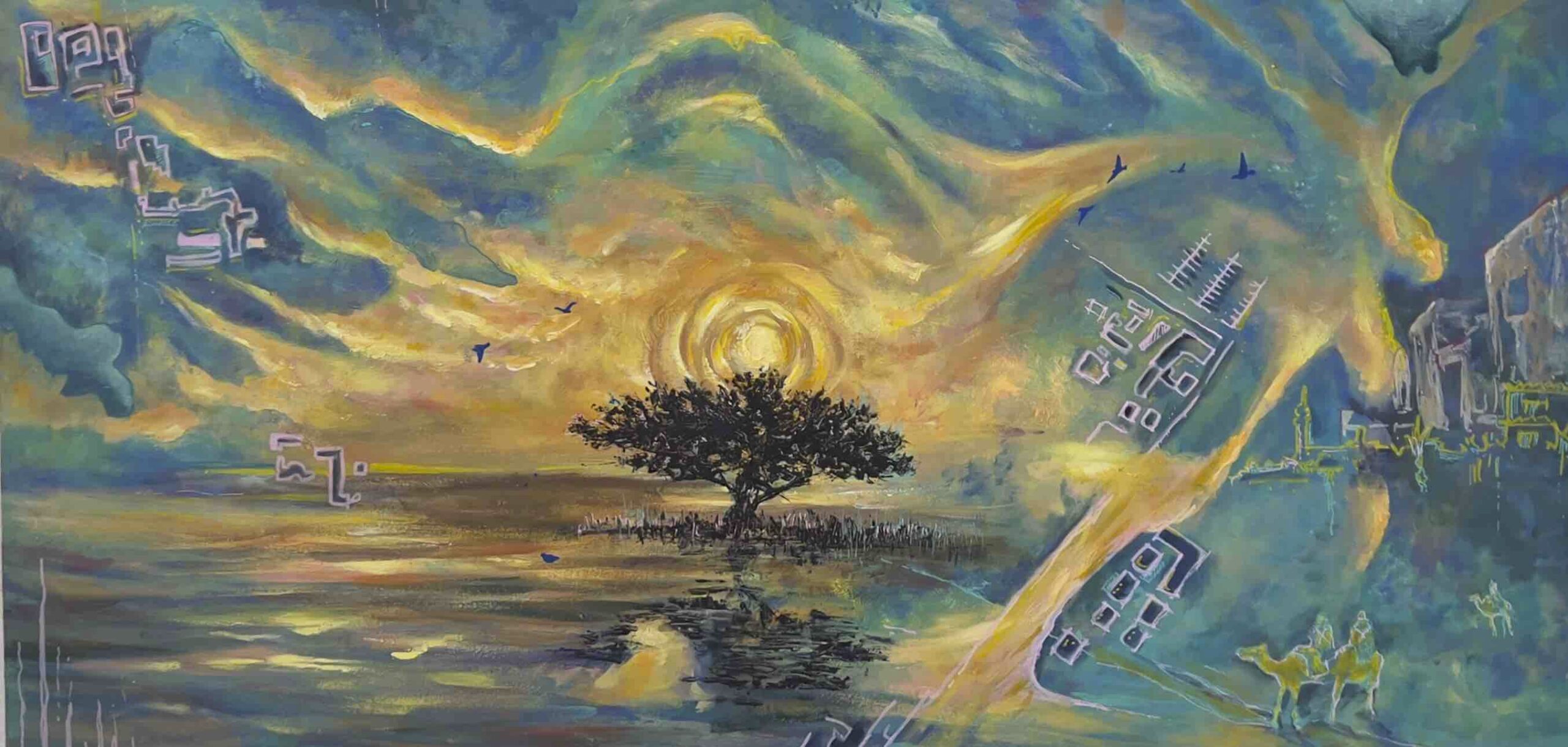 A depiction of Al Wakrah Beach near Souq Waqif Al Wakrah at sunrise, capturing the essence of the place from multiple perspectives. The painting highlights a resilient mangrove tree, symbolizing the area’s natural beauty, while blending maps of the area with ground-level viewpoints. This fusion of perspectives offers a historical narrative, showcasing the evolution of the landscape and its deep connection to the past. Through layered compositions, the artwork evokes the spirit of Al Wakrah, bridging history and present-day views in a compelling way.